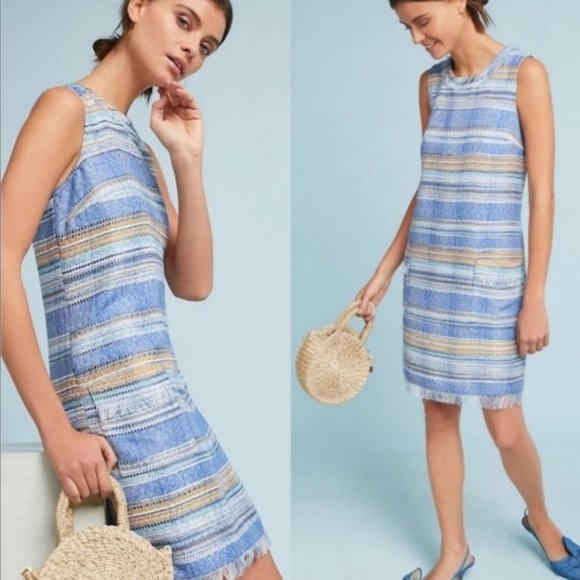 Anthropologie Dresses & Skirts - Anthro | Akemi+Kin Blue Tweed Shift Dress Raw Hem 6P